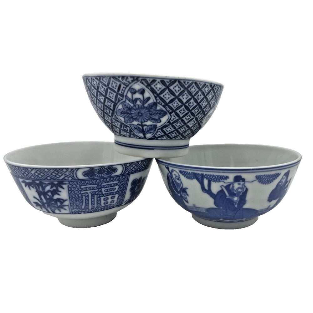 Set of 3 Antique Japanese Chinese Asian Blue & White Rice‎ Bowls